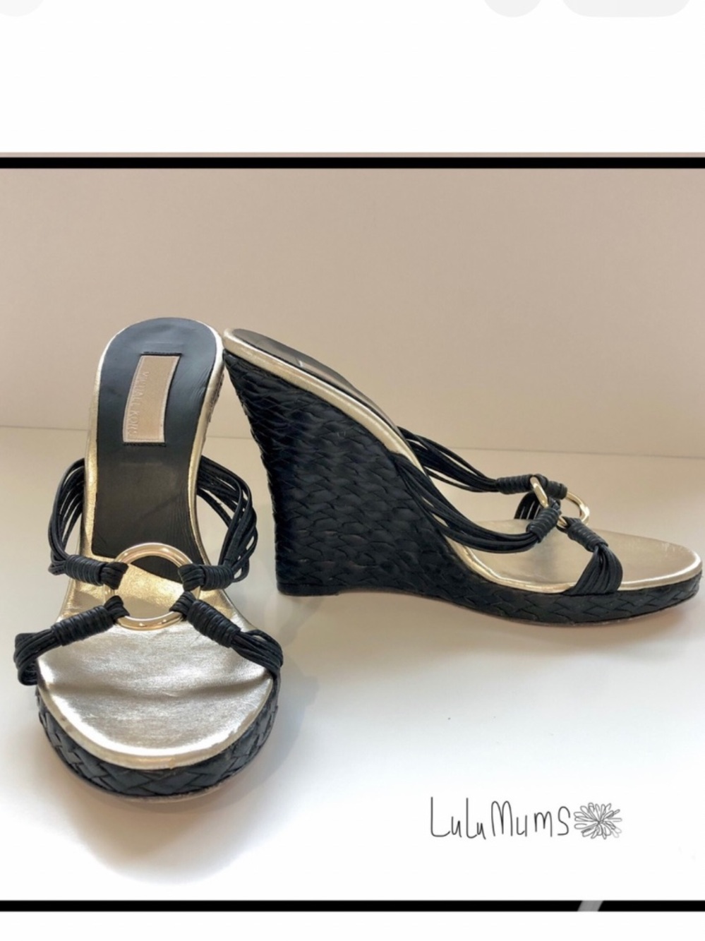 IN SEARCH OF Michael Kors Black Braided Wedge Sandals with Gold Ring Accent